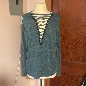 Express green Deep V-neck Lace Up Long Sleeve Top